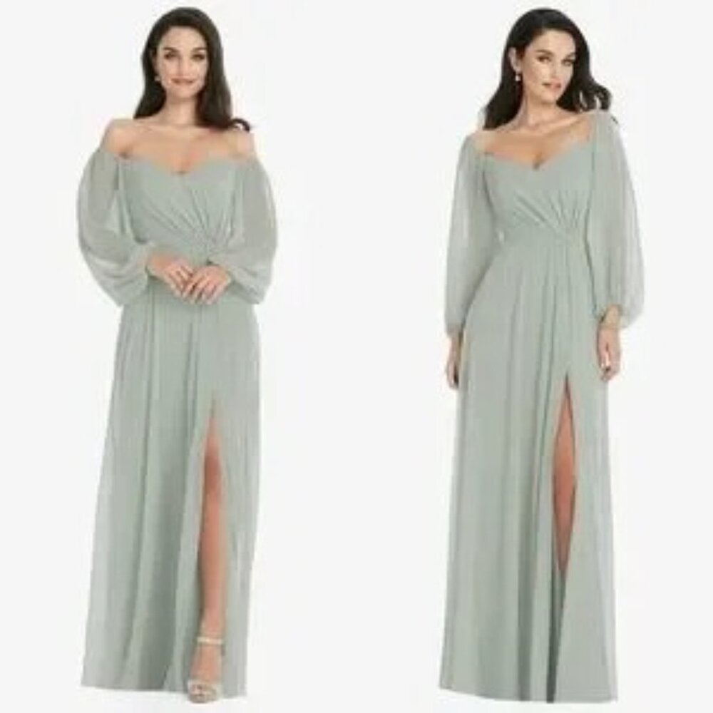 Dessy Collection chiffon Long Sleeve Dress in Soft green